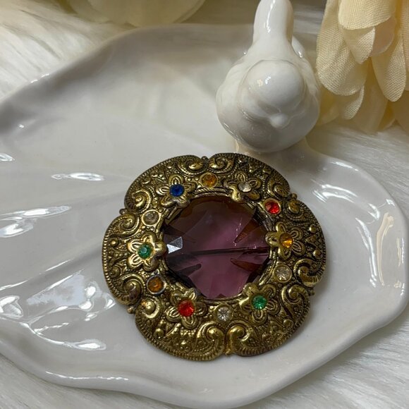 EDWARDIAN ANTIQUE FAUX AMETHYST FLORAL BROOCH - Picture 1 of 7